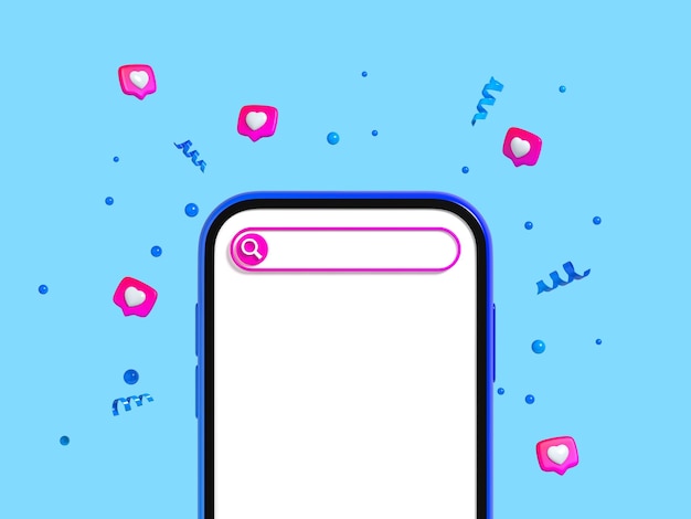 Barra de búsqueda en blanco con teléfono móvil sobre fondo amarillo Ilustración de renderizado 3d