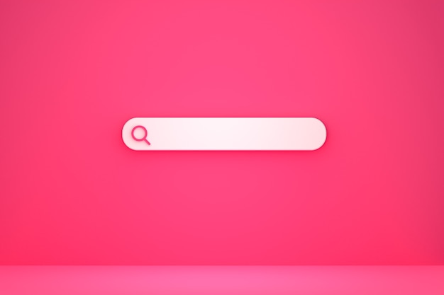 Barra de búsqueda y búsqueda de iconos 3d render diseño minimalista sobre fondo rosa