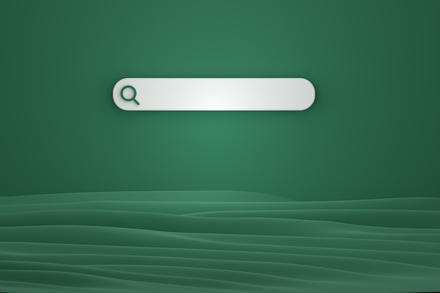 Barra de búsqueda e icono de búsqueda 3D Render diseño minimalista sobre fondo verde