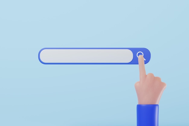 Barra de búsqueda de renderización 3D con el dedo apuntando a la lupa sobre fondo azul Sitio web de motor de búsqueda simulado