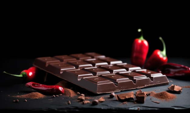 Una barra de chocolate amargo con chiles rojos al costado