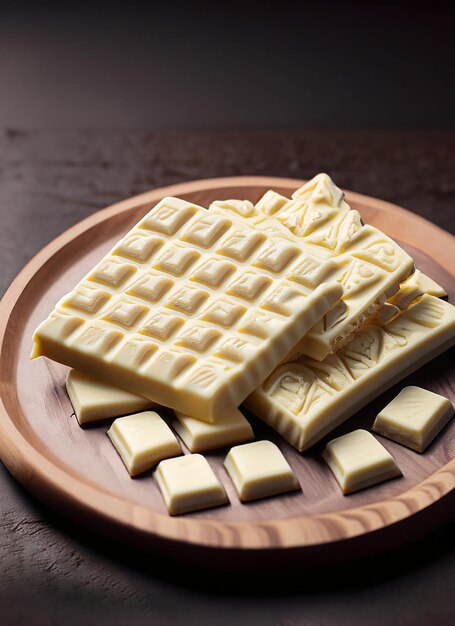 Barra de chocolate blanco en el plato de madera Generativo Ai