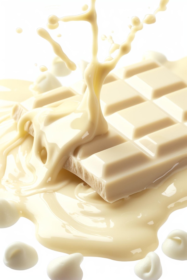 Foto una barra de chocolate blanco salpicando en leche cremosa en una superficie limpia y brillante durante una sesión de fotos de comida