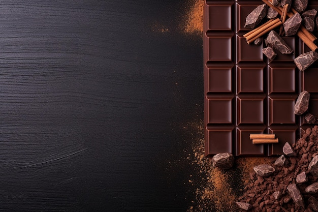 Foto barra de chocolate con chips de chocolate en un fondo negro