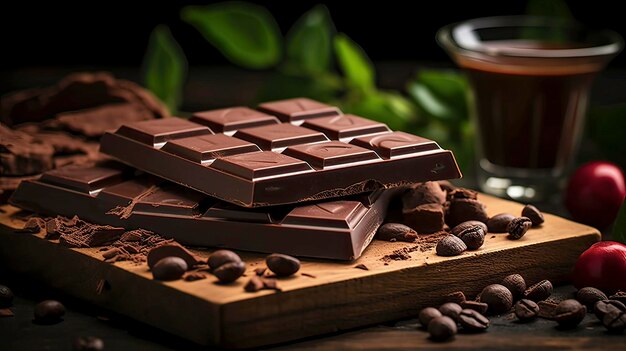 una barra de chocolate con chocolate y granos de café en una tabla de madera