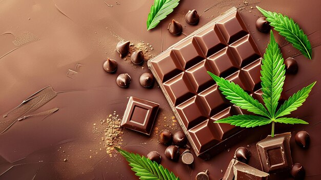 Foto una barra de chocolate con chocolates en ella y una hoja verde en la mesa