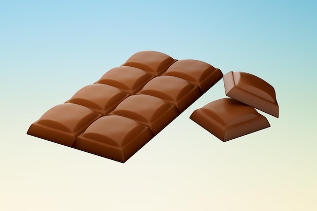 Barra de chocolate con cubos aislados sobre fondo azul cielo y beige ilustración 3d