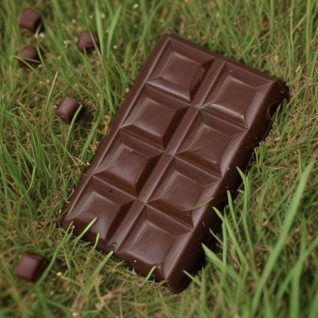 una barra de chocolate está acostada en el césped con la barra de chocolate en la hierba