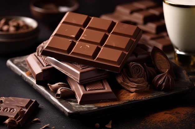 Una barra de chocolate está en un plato con un fondo oscuro.
