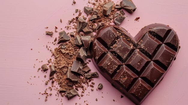 Barra de chocolate en forma de corazón con pedazos rotos y polvo de cacao en fondo rosado