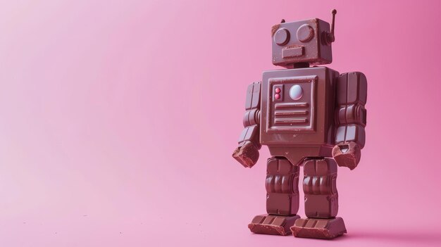 Una barra de chocolate en forma de robot increíblemente realista ocupa el centro del escenario en esta foto Sus detalles intrincados y textura suave son tan realistas que tendrás dificultades para creer que realmente es