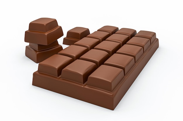 Barra de chocolate con leche y piezas de chocolate aisladas sobre fondo blanco desde la ilustración 3d de la vista superior