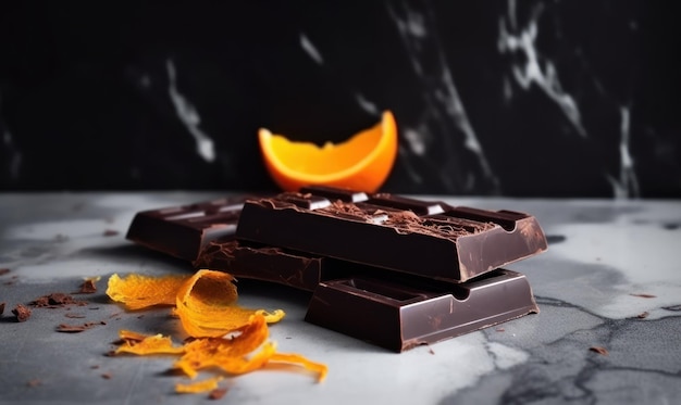 Una barra de chocolate negro con naranjas encima.