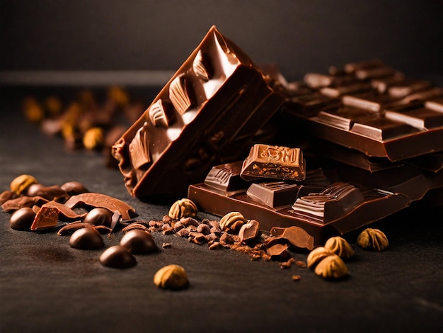 Una barra de chocolate con nueces y nueces adicionales en un fondo negro