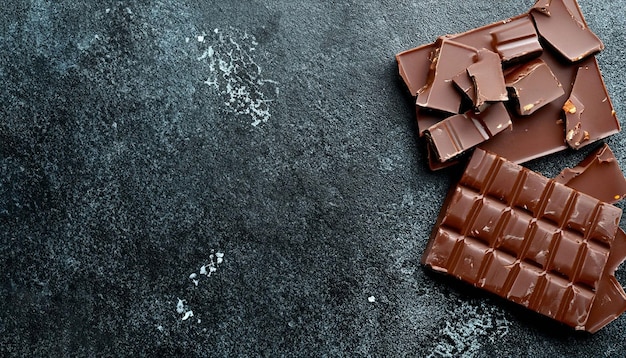 Una barra de chocolate oscuro con algunos trozos de chocolate sobre un fondo oscuro