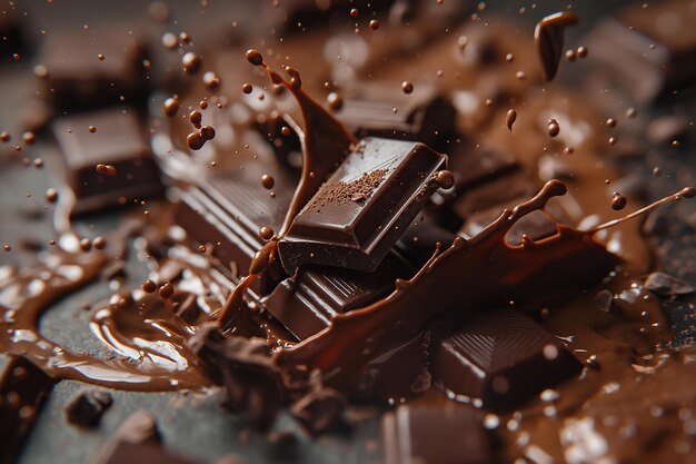 Barra de chocolate oscuro con salpicaduras de chocolate derretido