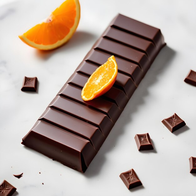 una barra de chocolate con rebanadas de naranja y la mitad de la otra mitad está mitad comida