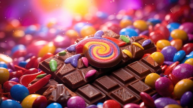 Una barra de chocolate rodeada por un arco iris de chocolates recubiertos de caramelo en un fondo colorido y animado