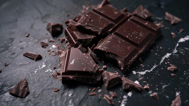 Una barra de chocolate se rompe en varias piezas de fondo negro