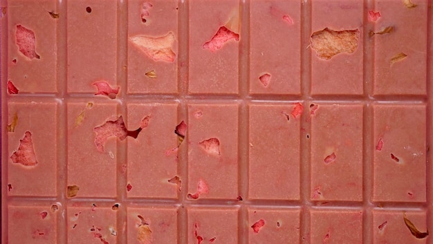 Una barra de chocolate rubí rosa con fresas y almendras liofilizadas de cerca un postre saludable