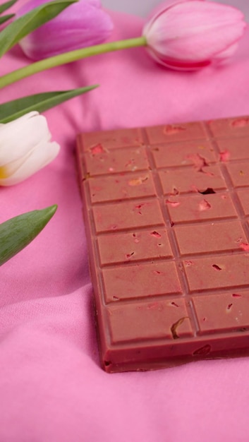 Una barra de chocolate rubí rosa con fresas y almendras liofilizadas sublimadas y tulipanes de primavera