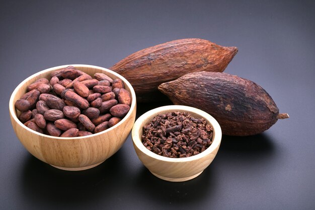 Barra de chocolate y vaina de cacao seca