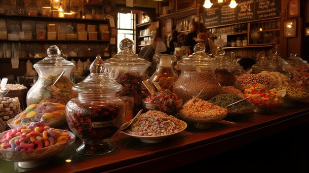 Una barra de chocolate con una variedad de dulces en el mostrador.