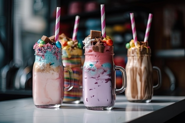 Foto barra de chocolate com canudo em milk-shake para diversão e guloseima colorida criada com ia generativa