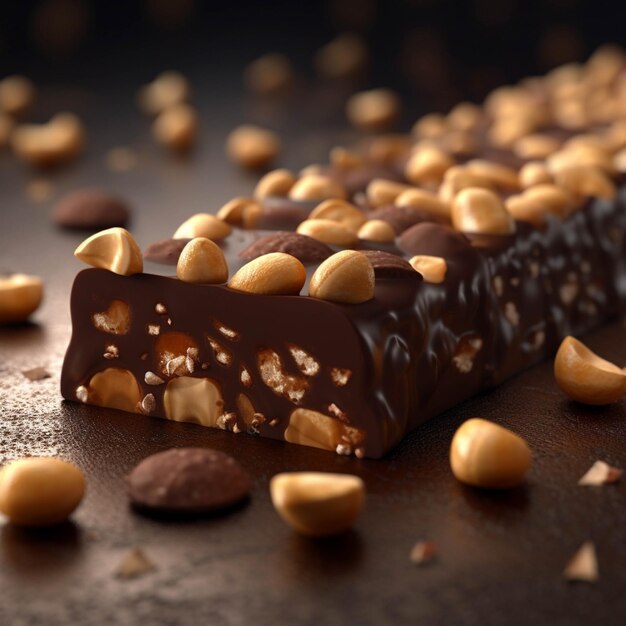 Foto barra de chocolate com nozes sobre um fundo escuro foco seletivo