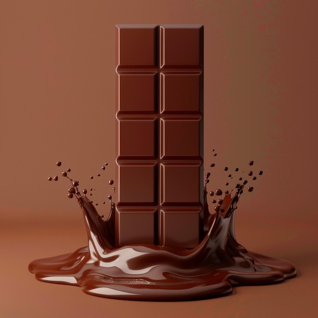 Barra de chocolate vertical com um toque sutil de chocolate derretido na base 3D