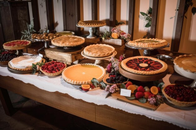 Barra de guloseimas com uma variedade de tortas de frutas, tortas e doces criados com IA generativa