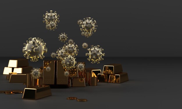 Barra de ouro e moeda com vírus corona COVID-19 renderização 3D