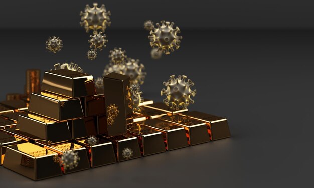 Barra de ouro e moeda com vírus corona COVID-19 renderização 3D