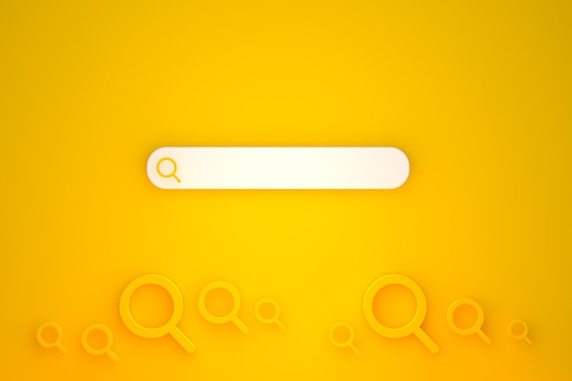 Barra de pesquisa e pesquisa de ícone 3D render design minimalista em fundo amarelo