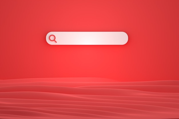 Barra de pesquisa e pesquisa de ícone 3D render design minimalista em fundo vermelho