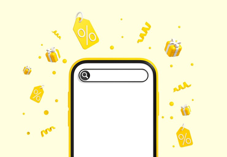 Foto barra de pesquisa em branco com telefone móvel na ilustração de renderização 3d de fundo amarelo