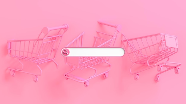 Barra de pesquisa na web em branco e carrinho de compras na renderização 3d de fundo rosa