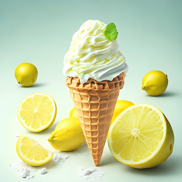 Barra de sorvete de limão fotorrealista em 3D com cone de waffle e redemoinho de creme batido