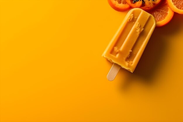 Foto una barra de helado amarilla con un palo de madera con copyspace