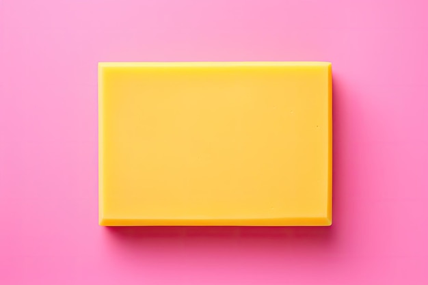 Barra de jabón amarilla rodeada de espuma con espacio para copiar en el centro aislado sobre un fondo rosa brillante
