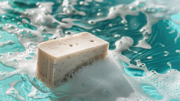 Foto una barra de jabón exfoliante flotando en el agua