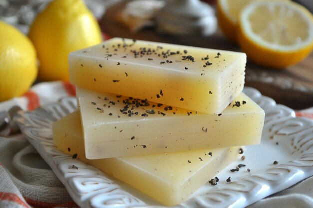 Foto una barra de jabón para manos negra con sabor a té con pedazos exfoliantes