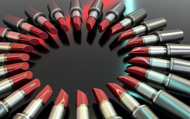 Foto la barra de labios está dispuesta en un círculo con espacio para el texto en el centro. fondo glamoroso. cosméticos para labios. ilustración 3d