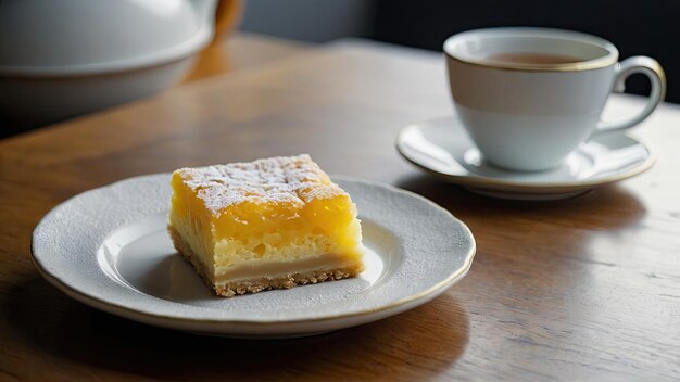 Una barra de limón servida en un plato de porcelana blanca con una taza humeante de té Earl Grey