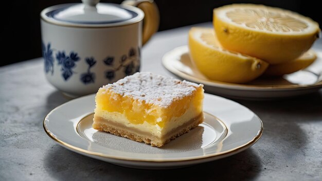 Una barra de limón servida en un plato de porcelana blanca con una taza humeante de té Earl Grey