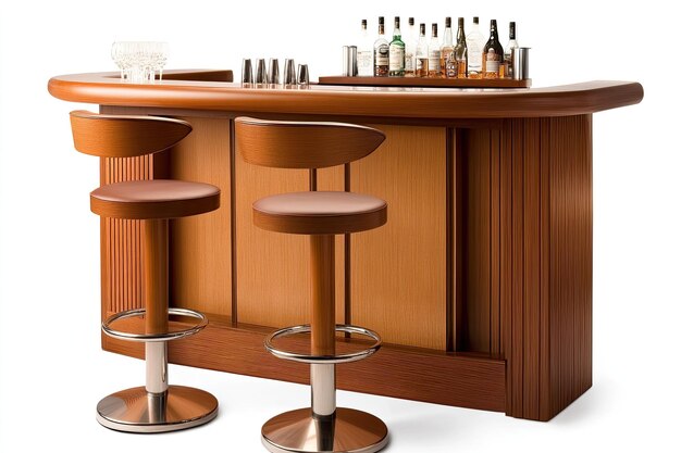 Una barra de madera curva con dos taburetes a juego, botellas de licor y vidrio