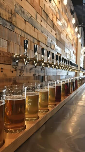 Una barra de madera con una pared de madera en el fondo En la barra hay un estante de madera que contiene muchos vasos diferentes de cerveza