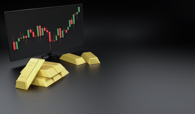 Barra de oro de representación 3D y monitor de precio de gráfico comercio de oro de divisas concepto de comercio de oro de ilustración 3D