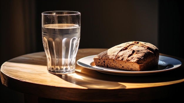 una barra de pan y un vaso de agua sobre una mesa