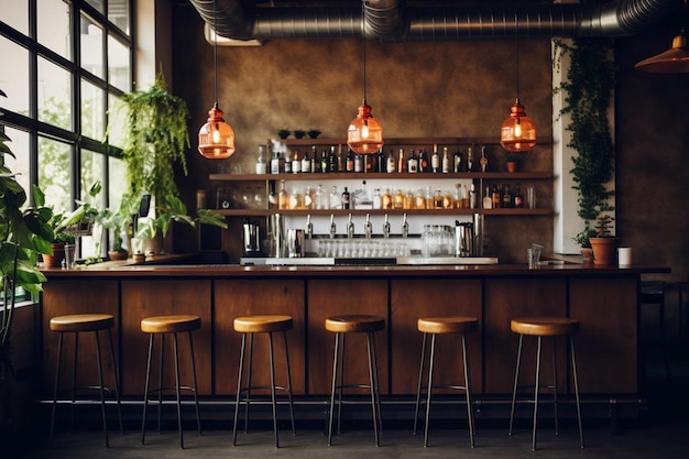 una barra con una planta en la pared y una planta en el bar